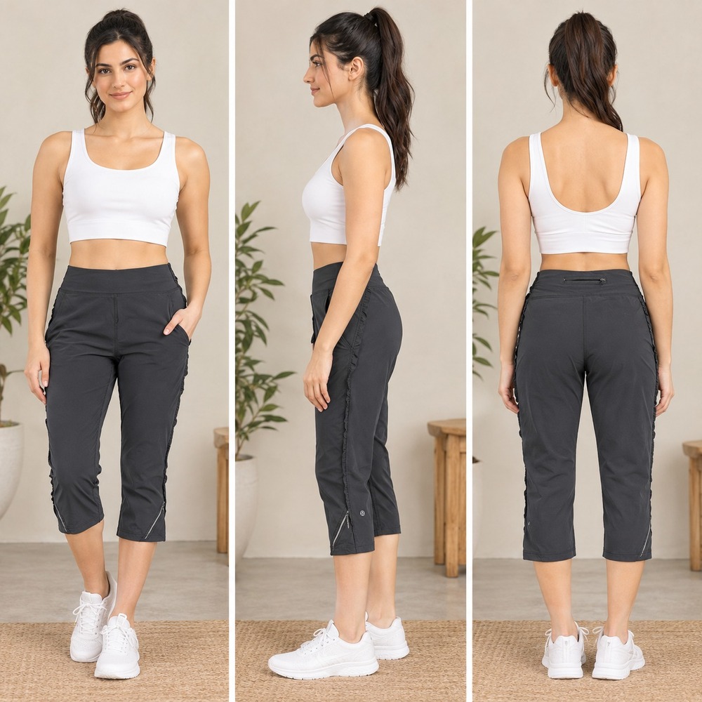 Lululemon Ruffle Detail Stride Crop Leggings Womens 10 Black Yoga Gym Stretchy